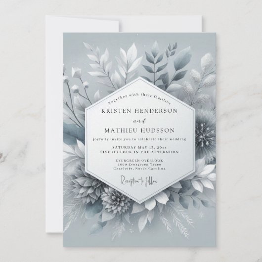 Invitation Mariage Botanique Glacé Bleu Ardoise (Devant)