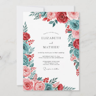 Invitation Mariage Botanique Gracieux Rouge Turquoise