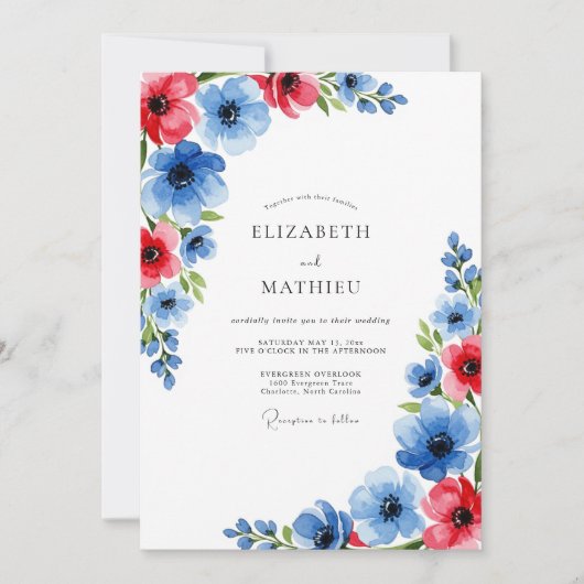 Invitation Mariage Botanique Gras Bleu Rouge (Devant)