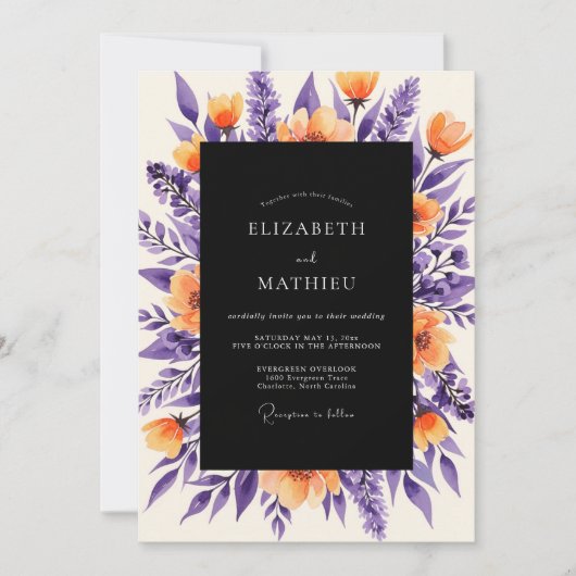 Invitation Mariage Botanique Gras Orange Violet Profond (Devant)