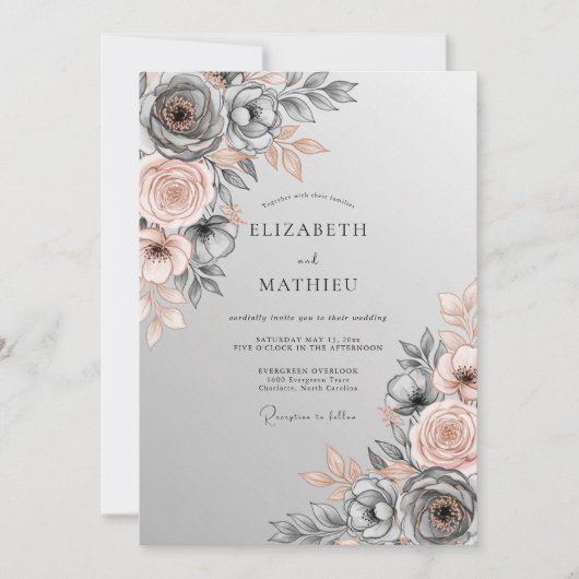 Invitation Mariage Botanique Gris Ardoise Poli (Devant)