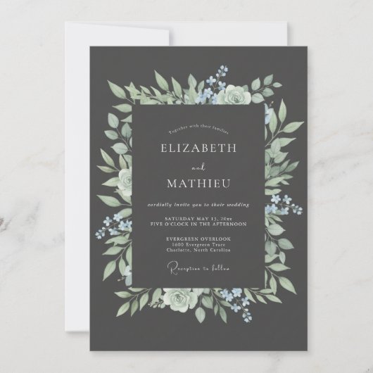 Invitation Mariage Botanique Gris Charbon Impeccable (Devant)
