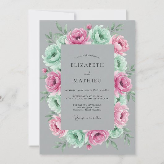 Invitation Mariage Botanique Gris Rose Menthe (Devant)