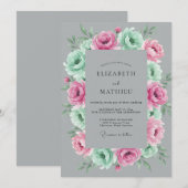 Invitation Mariage Botanique Gris Rose Menthe (Devant / Derrière)