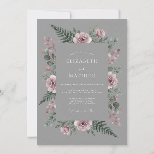 Invitation Mariage Botanique Gris Rose Poussiéreuse (Devant)