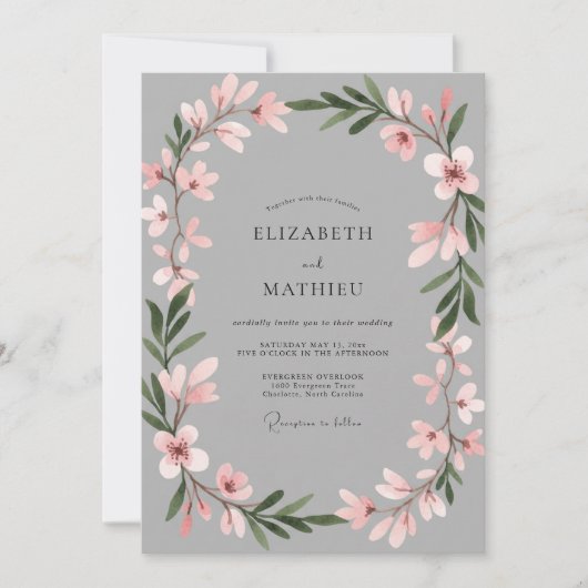 Invitation Mariage Botanique Gris Rose Tendre (Devant)