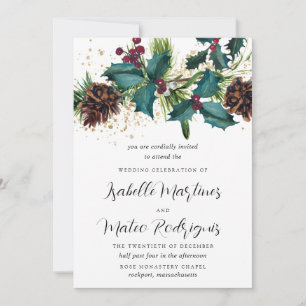 Invitation Mariage botanique hivernal au houx rustique et aux