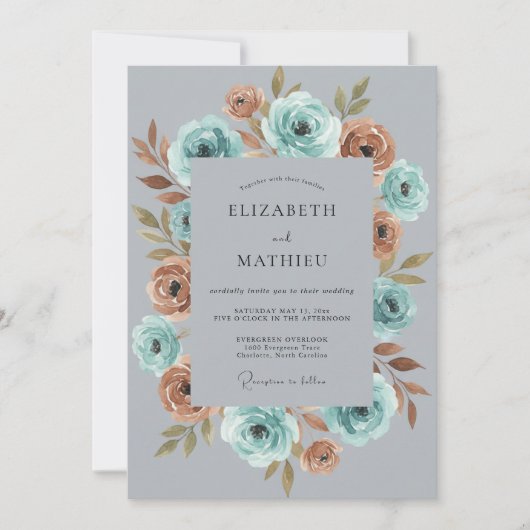 Invitation Mariage Botanique Humeur Rouille Sarcelle (Devant)