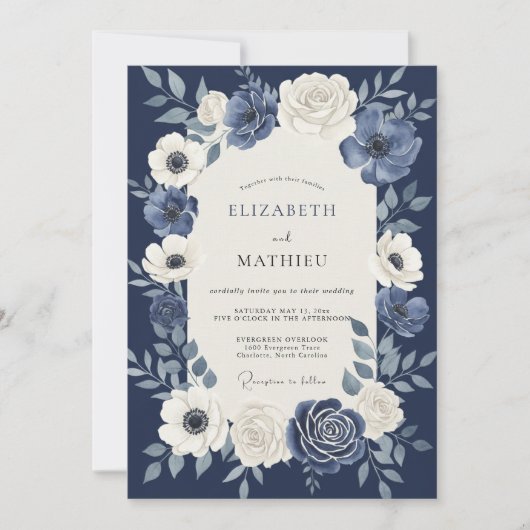 Invitation Mariage Botanique Impérial Bleu Nuit (Devant)