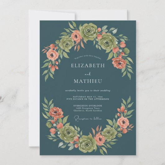 Invitation Mariage Botanique Impérial Bleu Paon (Devant)