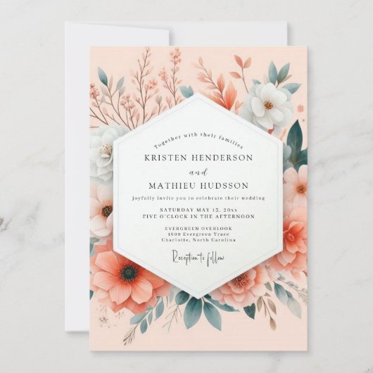 Invitation Mariage Botanique Impressionniste Pêche (Devant)
