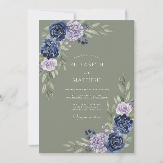 Invitation Mariage Botanique Indigo Sage (Devant)