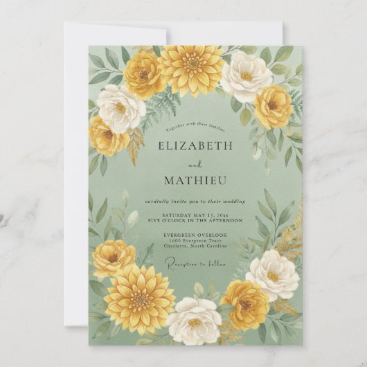 Invitation Mariage botanique jaune avec fioritures (Devant)