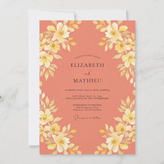 Invitation Mariage Botanique Jaune Corail (Devant)