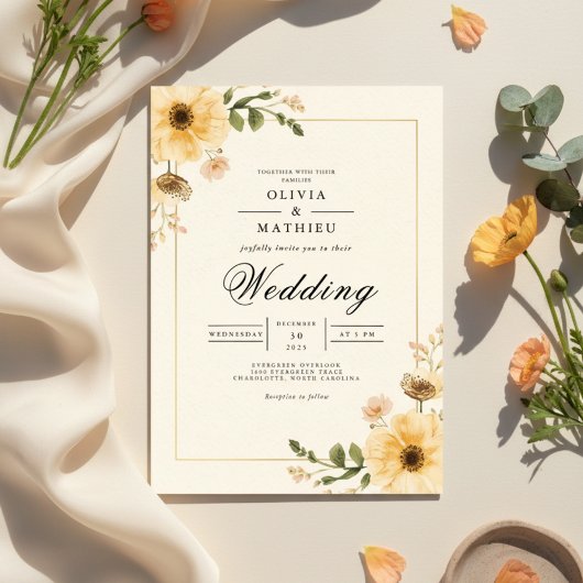 Invitation Mariage botanique jaune doré