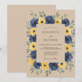 Invitation Mariage Botanique Jaune Navy Romance (Devant / Derrière)