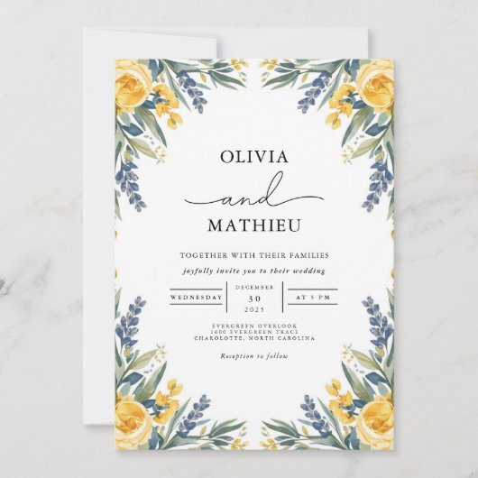 Invitation Mariage botanique jaune or (Devant)