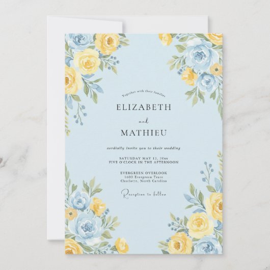 Invitation Mariage Botanique Joyeux Bleu Clair (Devant)
