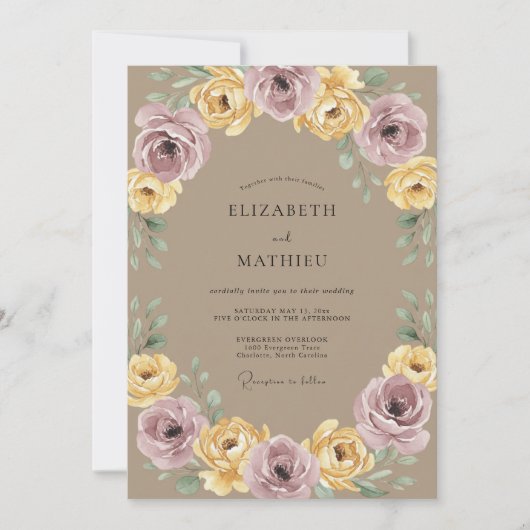 Invitation Mariage Botanique Laurier Jaune Mauve (Devant)
