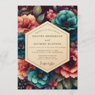 Invitation Mariage botanique lunatique sarcelle et corail