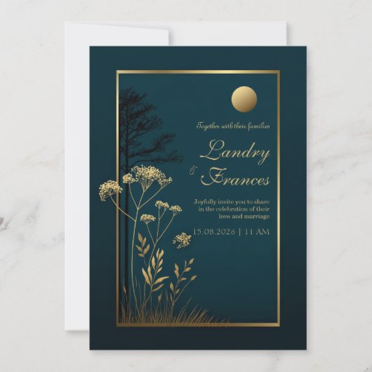 Invitation Mariage Botanique Lune d'Or de Minuit (Devant)