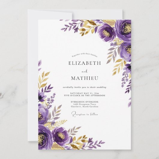 Invitation Mariage Botanique Lustré Violet (Devant)