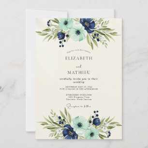 Invitation Mariage Botanique Luxueux Bleu Marine et Sarcelle