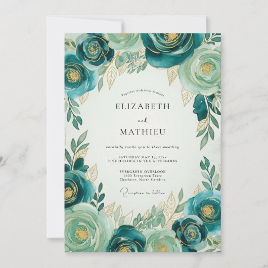 Invitation Mariage Botanique Luxueux Or Sarcelle (Devant)