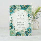Invitation Mariage Botanique Luxueux Or Sarcelle (Debout devant)