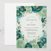 Invitation Mariage Botanique Luxueux Or Sarcelle (Devant / Derrière)