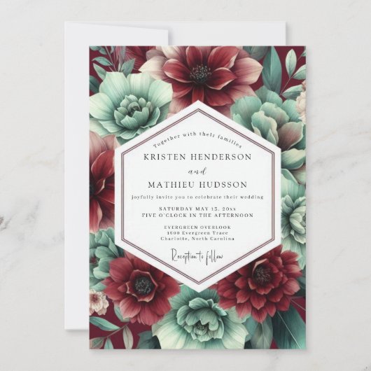 Invitation Mariage botanique luxuriant cramoisi et sarcelle (Devant)