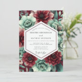 Invitation Mariage botanique luxuriant cramoisi et sarcelle (Debout devant)