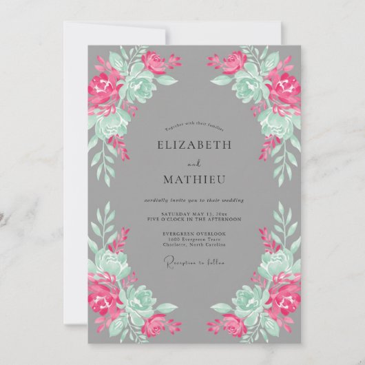 Invitation Mariage Botanique Magenta Menthe (Devant)