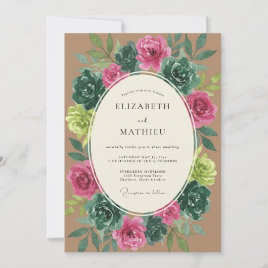 Invitation Mariage Botanique Magenta Sarcelle (Devant)