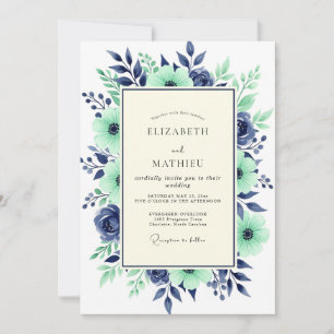 Invitation Mariage Botanique Majestueux Bleu Marine Sarcelle