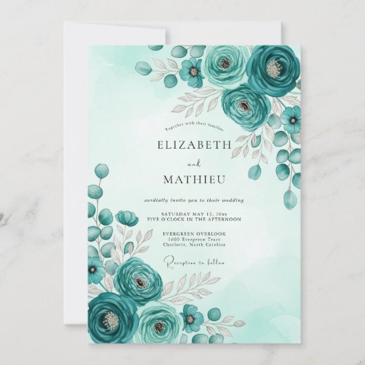 Invitation Mariage botanique majestueux sarcelle (Devant)