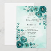 Invitation Mariage botanique majestueux sarcelle (Devant / Derrière)
