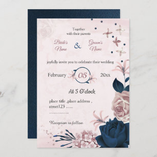 Invitation mariage botanique marine & fleurs roses