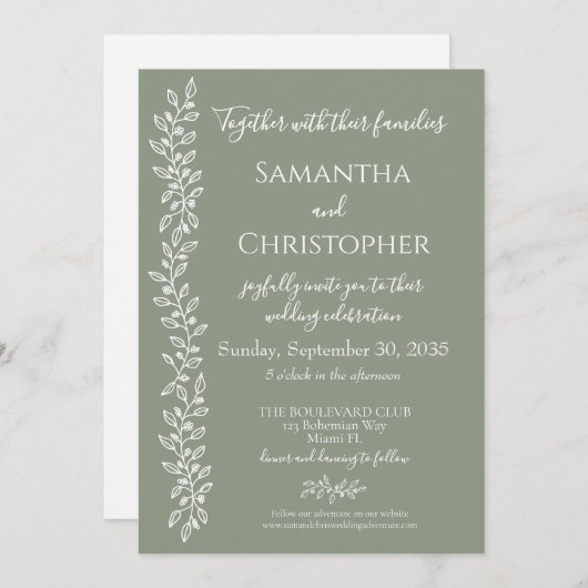 Invitation Mariage botanique minimal moderne Boho Sage vert (Devant / Derrière)