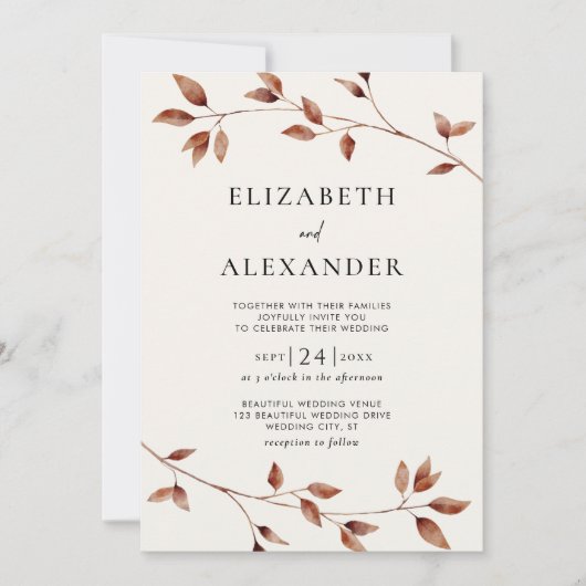 Invitation Mariage botanique minimaliste des feuilles d'autom (Devant)