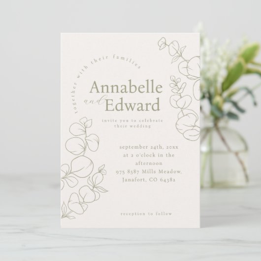 Invitation Mariage botanique minimaliste vert olive (Debout devant)