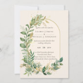Invitation Mariage botanique moderne à la crème dorée et au f (Devant)