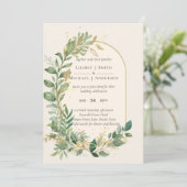 Invitation Mariage botanique moderne à la crème dorée et au f (Debout devant)