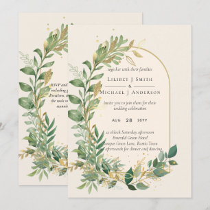 Invitation Mariage botanique moderne à la crème dorée et au f