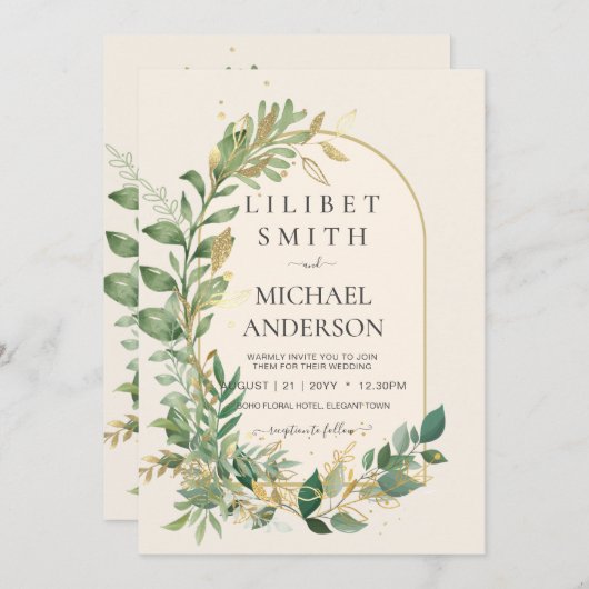 Invitation Mariage botanique moderne Cream Gold (Devant / Derrière)