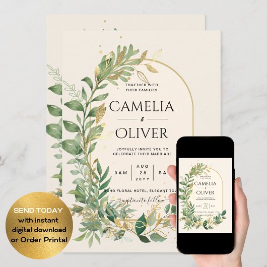 Invitation Mariage botanique moderne Cream Gold