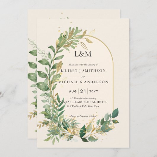 Invitation Mariage botanique moderne Cream Gold (Devant / Derrière)