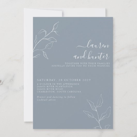 Invitation Mariage botanique moderne Dusty Blue Script Invita (Devant)