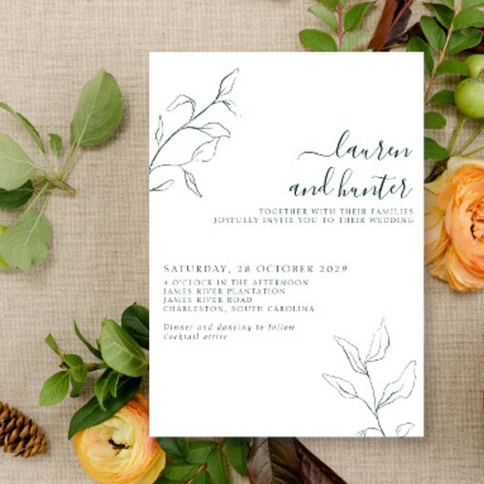 Invitation Mariage botanique moderne Emerald Green Script