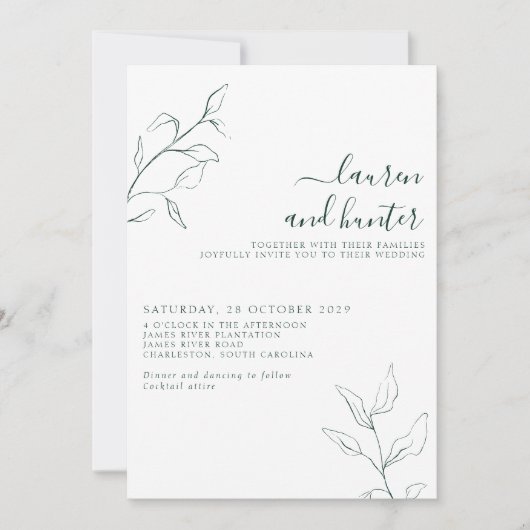 Invitation Mariage botanique moderne Emerald Green Script (Devant)